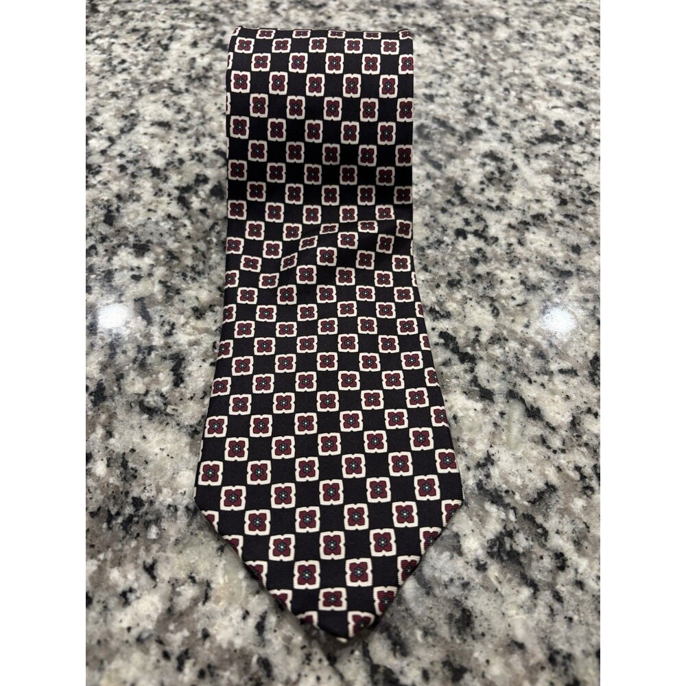 Brooks Brothers 100% Silk Tie Made In USA Black Purple Geometric Square Pedals